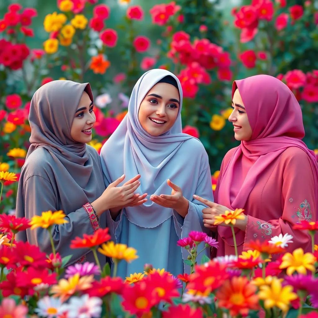 Three beautiful Arab girls, Leila, Sara, and Maryam, excitedly discussing their long eyelashes in a colorful flower garden, digital art, vibrant colors, cheerful atmosphere, high quality