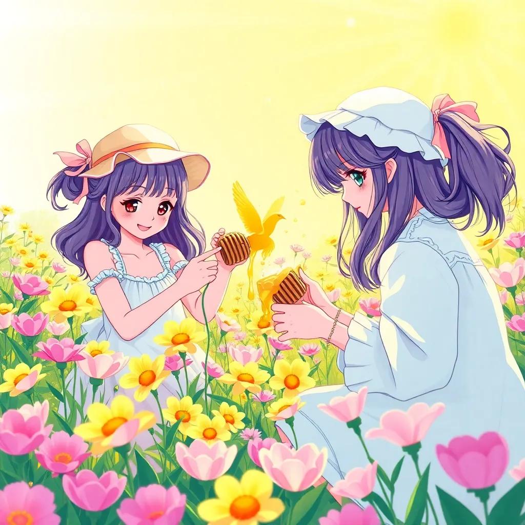 The girls gathering flowers and honey to create eyelash extensions in a sunny garden, bright and colorful petals surrounding them, illustration, playful, enchanting scene, high quality