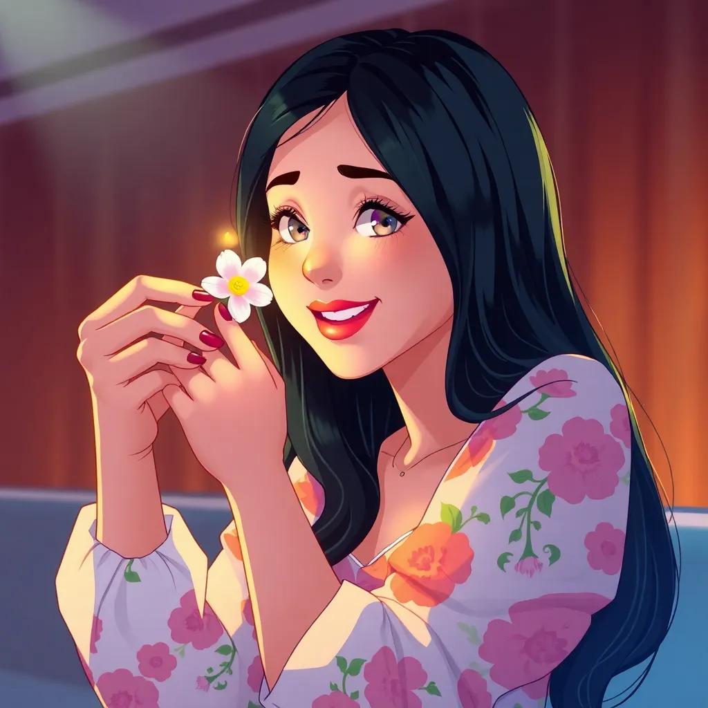 Leila, with long black hair and a bright floral dress, carefully applying a flower eyelash extension with aromatic honey, joyful expression, detailed illustration, inviting light, warm colors
