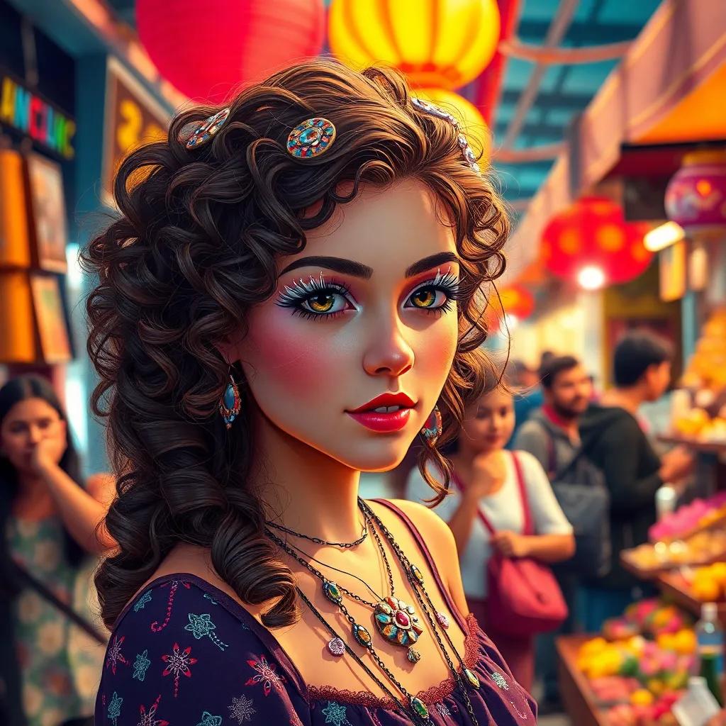 Sara, with curly brown hair and decorative accessories, showcasing her sparkling eyelashes in the market, amazed onlookers admiring her, lively atmosphere, colorful scene, high quality