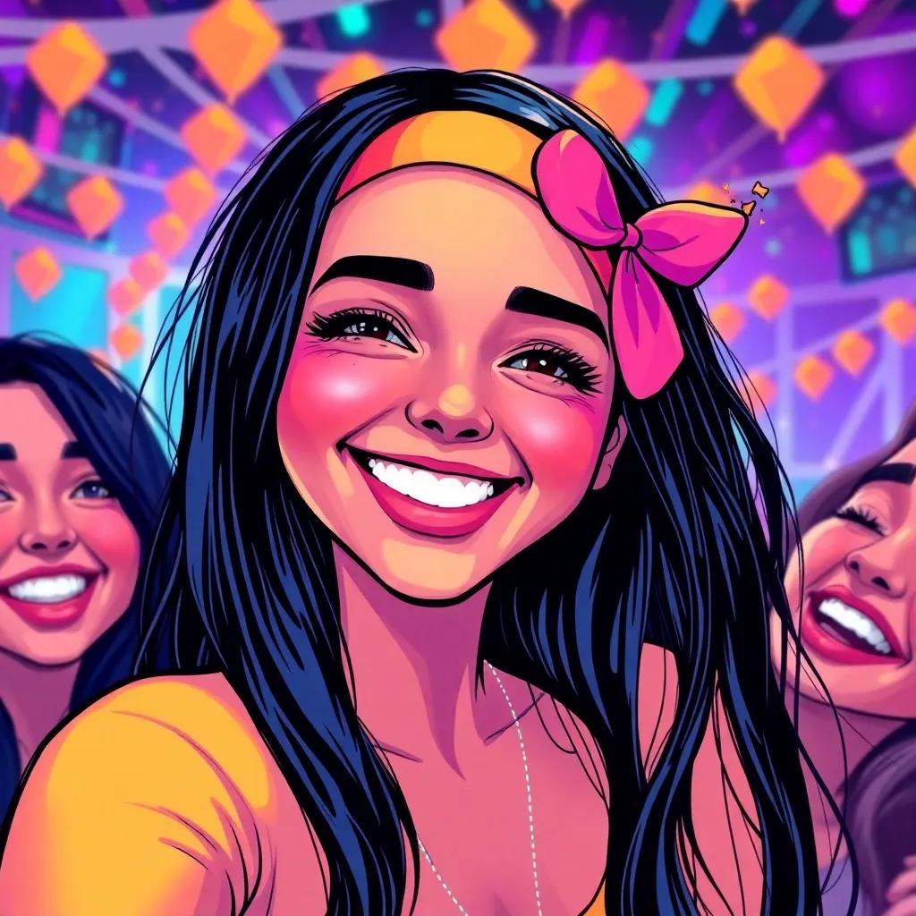 Maryam, with straight dark hair and a lovely headband, celebrating with her friends, embracing the fun and creativity, radiant smiles, digital painting, bright colors, friendly vibe