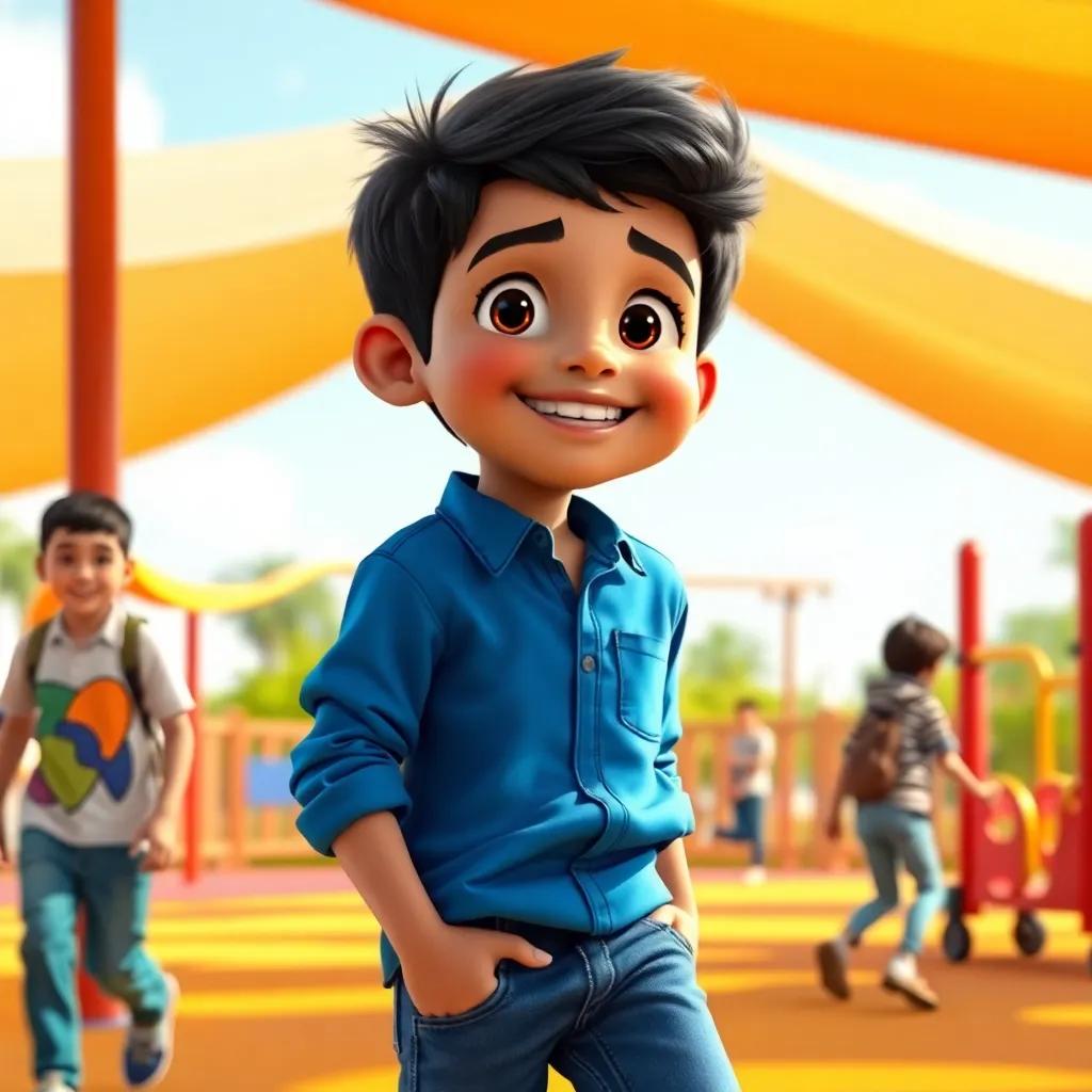 A young Arab boy, Firas, with short black hair and wearing a blue shirt and jeans, looking happy while playing in a playground with friends, bright sunny day, colorful scenery, cheerful atmosphere, digital art, high quality