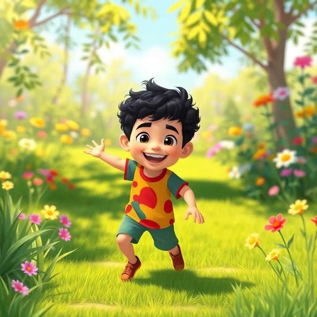 A young Arab boy, Firas, with short, curly hair, wearing a colorful t-shirt and shorts, happily playing in a sunny garden with green grass and colorful flowers, cheerful atmosphere, vibrant colors, illustration, child-friendly, adventure-themed