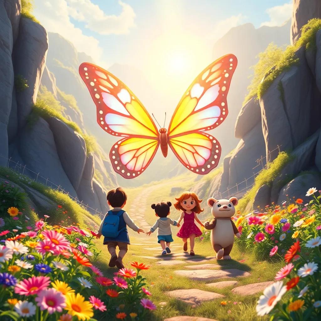 A radiant butterfly leading Firas and his friends to a valley filled with colorful flowers, bright sunlight shining down, magical and enchanting scene, friendly and inviting atmosphere, digital art, detailed, whimsical