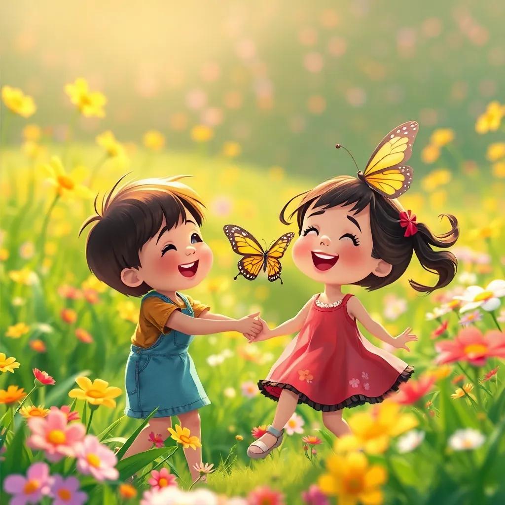 Children laughing and dancing with the butterfly in the vibrant flower valley, flowers swaying with the wind, a joyful and lively scene, warm light, rich colors, child-friendly, illustration