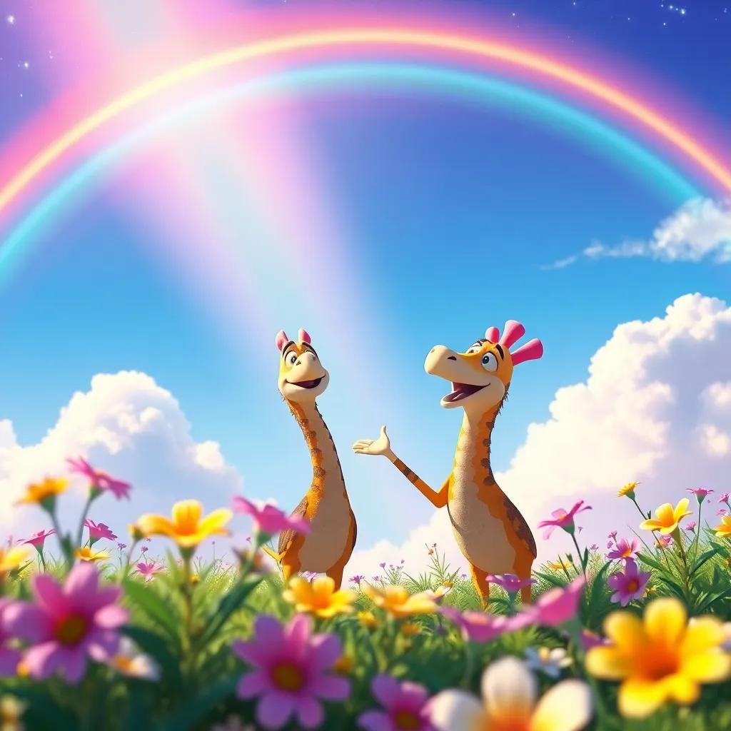 Firas pointing excitedly to a rainbow in the sky, with flowers in the foreground, magical atmosphere, bright colors, action-filled moment, digital art, cheerful, engaging