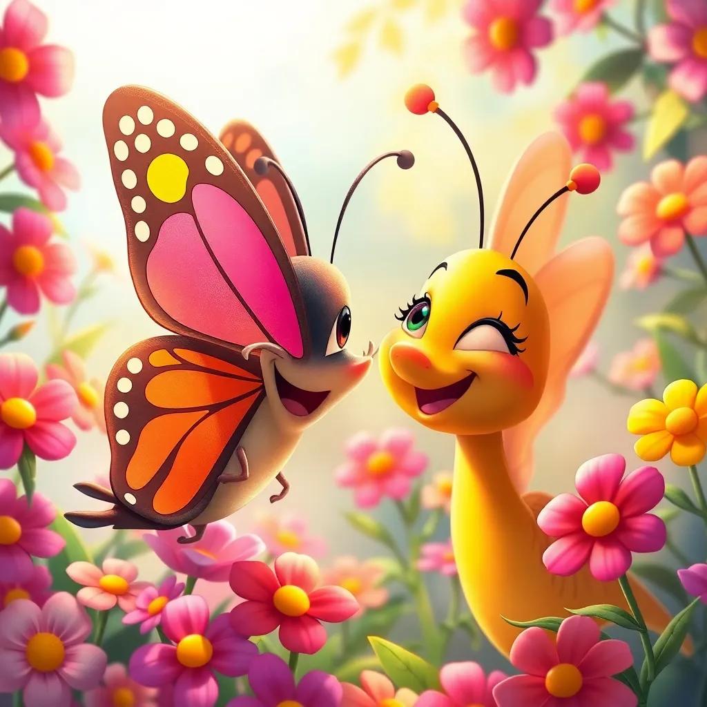 The butterfly smiling at Firas, with colorful flowers dancing around them, joyful expression, warm and inviting atmosphere, vibrant colors, illustration, wonderful and bright