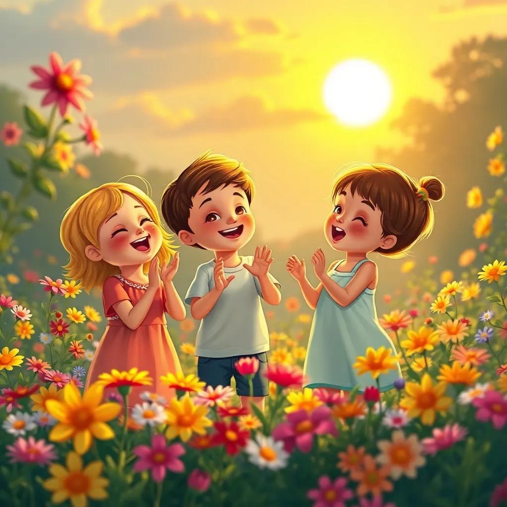 The children singing and dancing amidst flowers, with the sun setting in the background, colorful flowers around them, celebration feel, warm colors, digital painting, joyful and bright