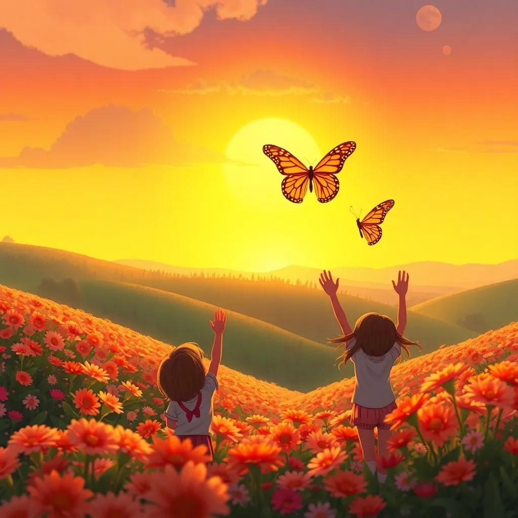 A peaceful scene of the sun setting over the flower valley, with the children waving goodbye to the butterfly, warm colors, heartwarming atmosphere, child-friendly, illustration
