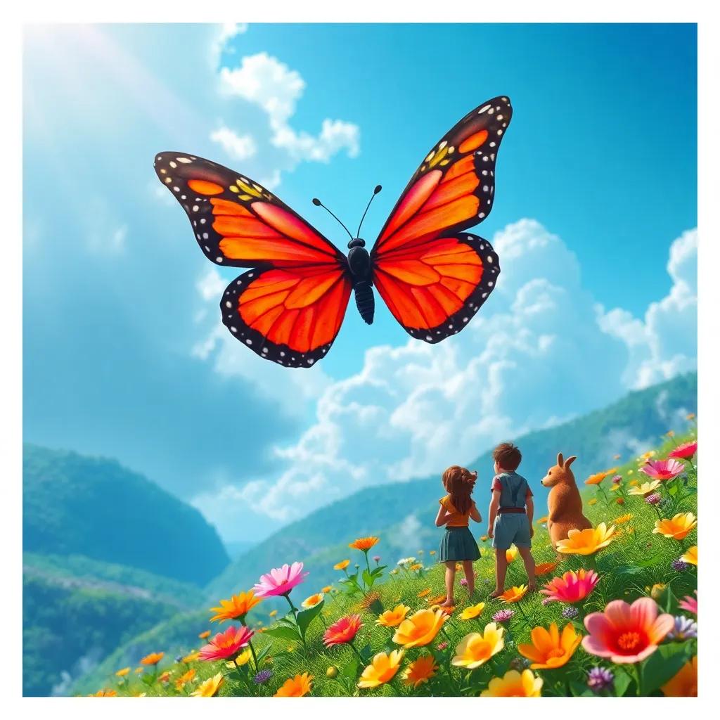 The butterfly flying high above the flower valley, with Firas and friends watching in awe, magical view, bright colors, fantasy, digital art, highly detailed