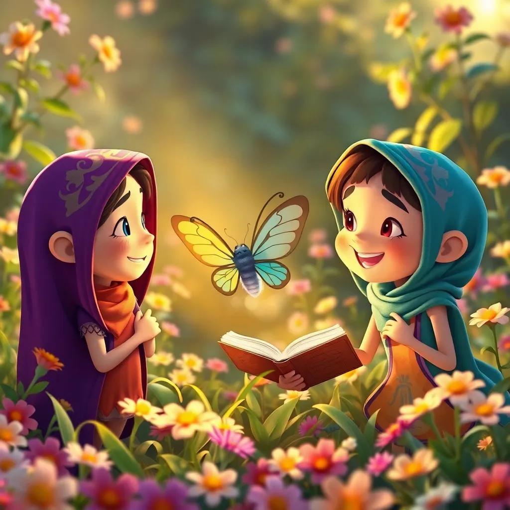 Firas telling his friends the story of the happy butterfly, cheerful expressions on their faces, in a garden filled with flowers, warm light, friendly atmosphere, vibrant colors, illustration