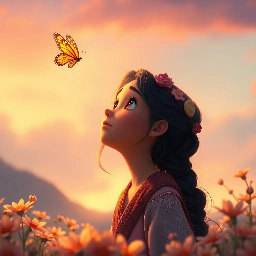 A nostalgic view of Firas looking up at a butterfly in the sunset, surrounded by flowers, with a dreamy expression, warm colors, whimsical, digital painting, magic and wonder