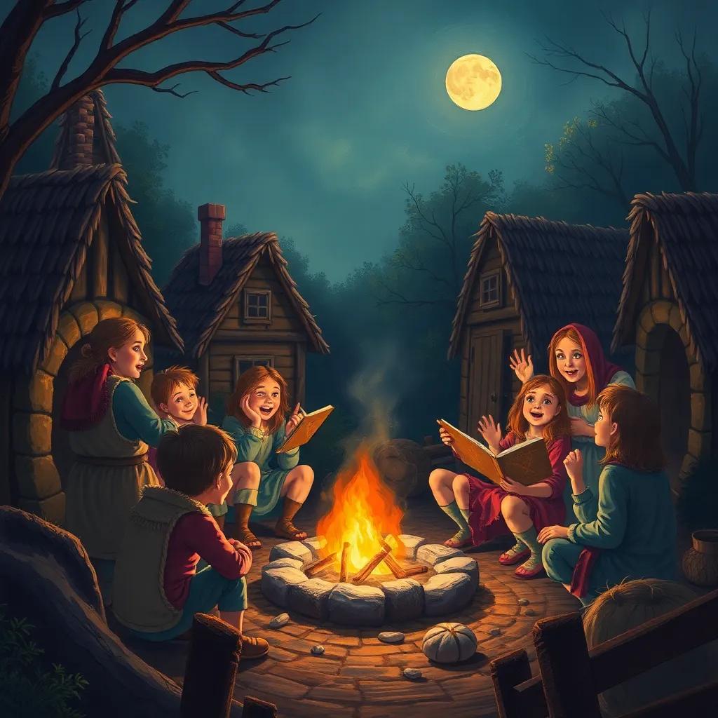A gathering of villagers around a fire at night, telling stories, with expressions of excitement and fear, child-friendly, cozy atmosphere, moonlight, cheerful