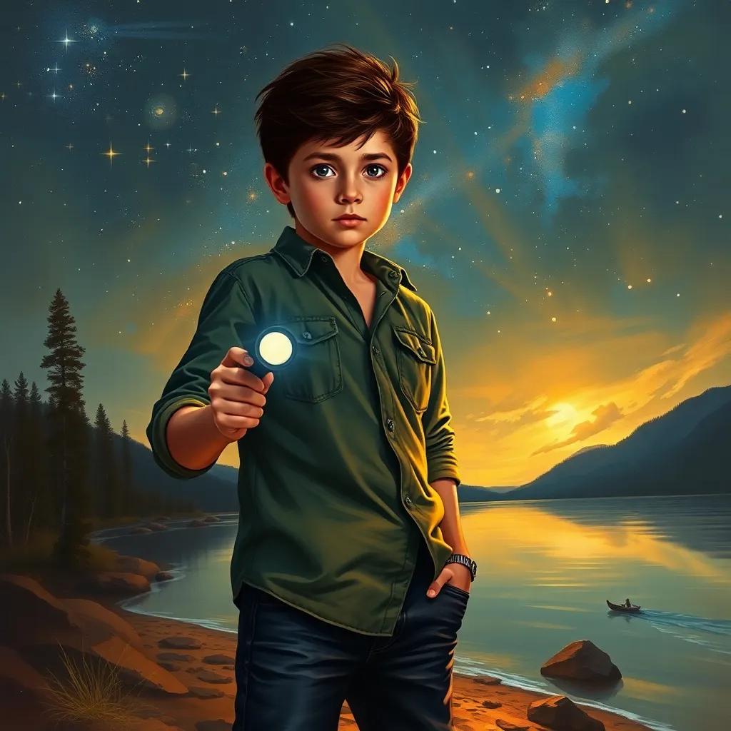 A brave boy named Firas with dark hair, wearing a casual shirt and jeans, standing on the shore of Crow Lake, holding a flashlight, looking determined, under a starry sky, adventurous feeling, vibrant colors, cinematic atmosphere