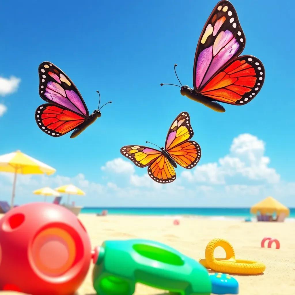 A sunny beach scene with two butterflies, Farah and Marah, flying in the bright blue sky, colorful beach toys in the sand, joyful atmosphere