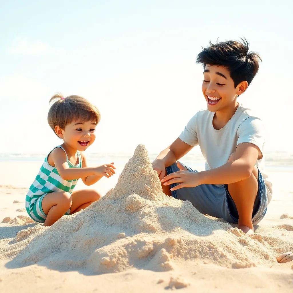 A father playing on the beach with his two children, building a sandcastle, laughter and happiness, bright sunlight, family bonding
