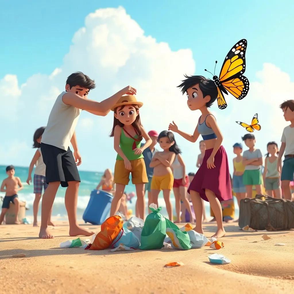 A group of people throwing trash on the beach, the scene showing contrasting emotions, worried butterflies observing from the side, environmental message