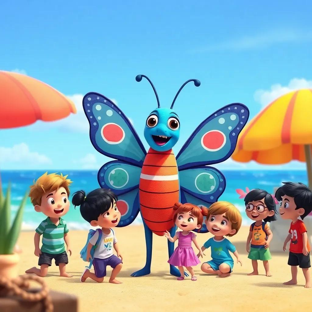 Nuno, a unique butterfly, asking children how to keep the beach clean, colorful beach setting, children smiling and responding, engaging and friendly atmosphere