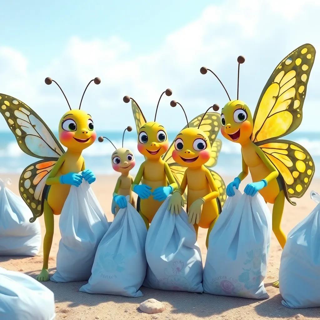 The butterflies decide to start a beach cleaning campaign, enthusiastic expressions, beach bags and gloves collected, teamwork