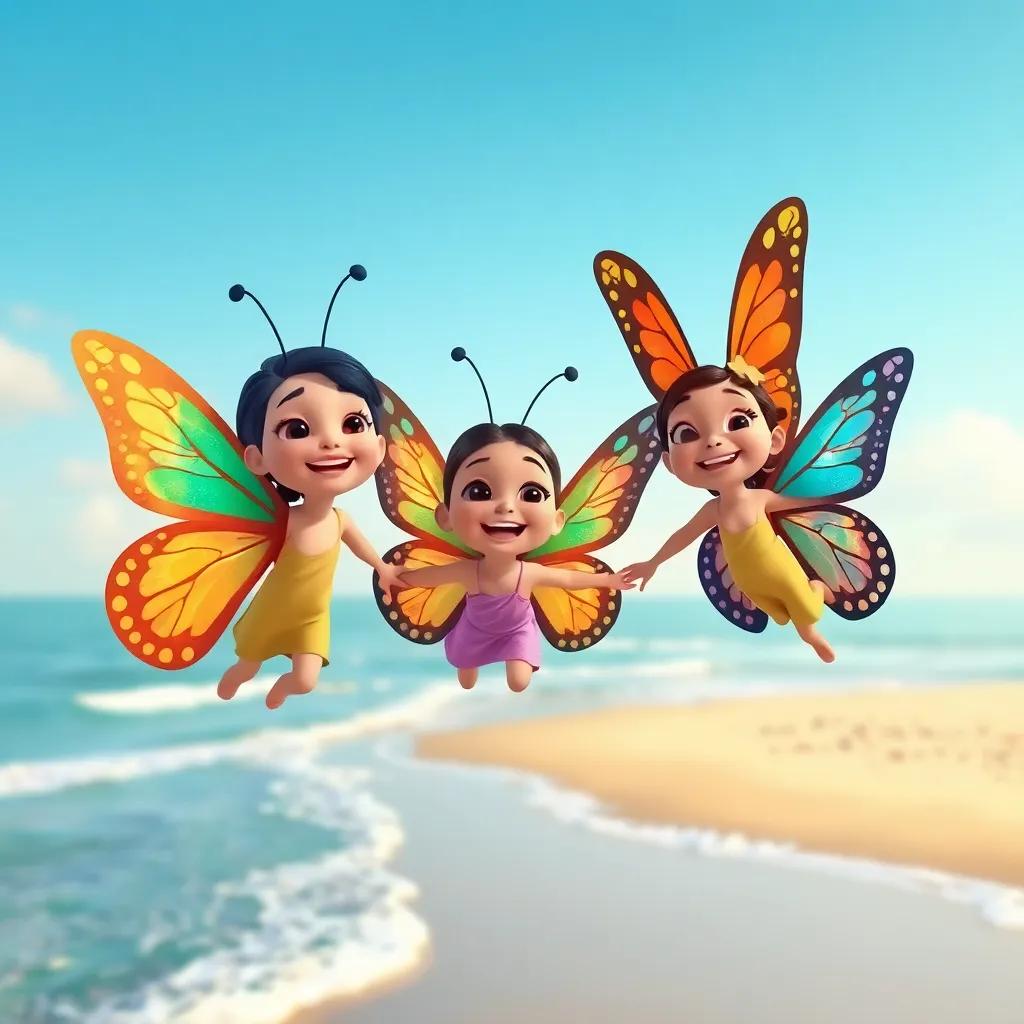 Three butterflies joining Farah and Marah flying towards the beach, cheerful smiles, colorful patterns on their wings, friendship and unity