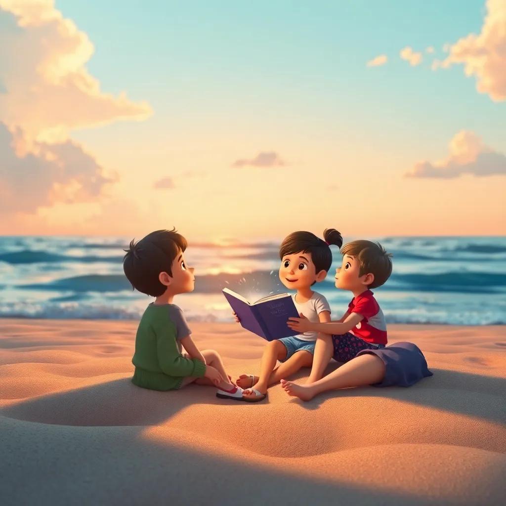 A father telling a beautiful story to his children about the sea while sitting on the sand, gentle waves in the background, family time, warmth and togetherness