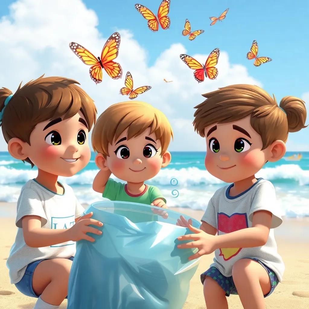 Children understanding the importance of keeping the beach clean, determined expressions, butterflies dancing overhead, encouraging progress