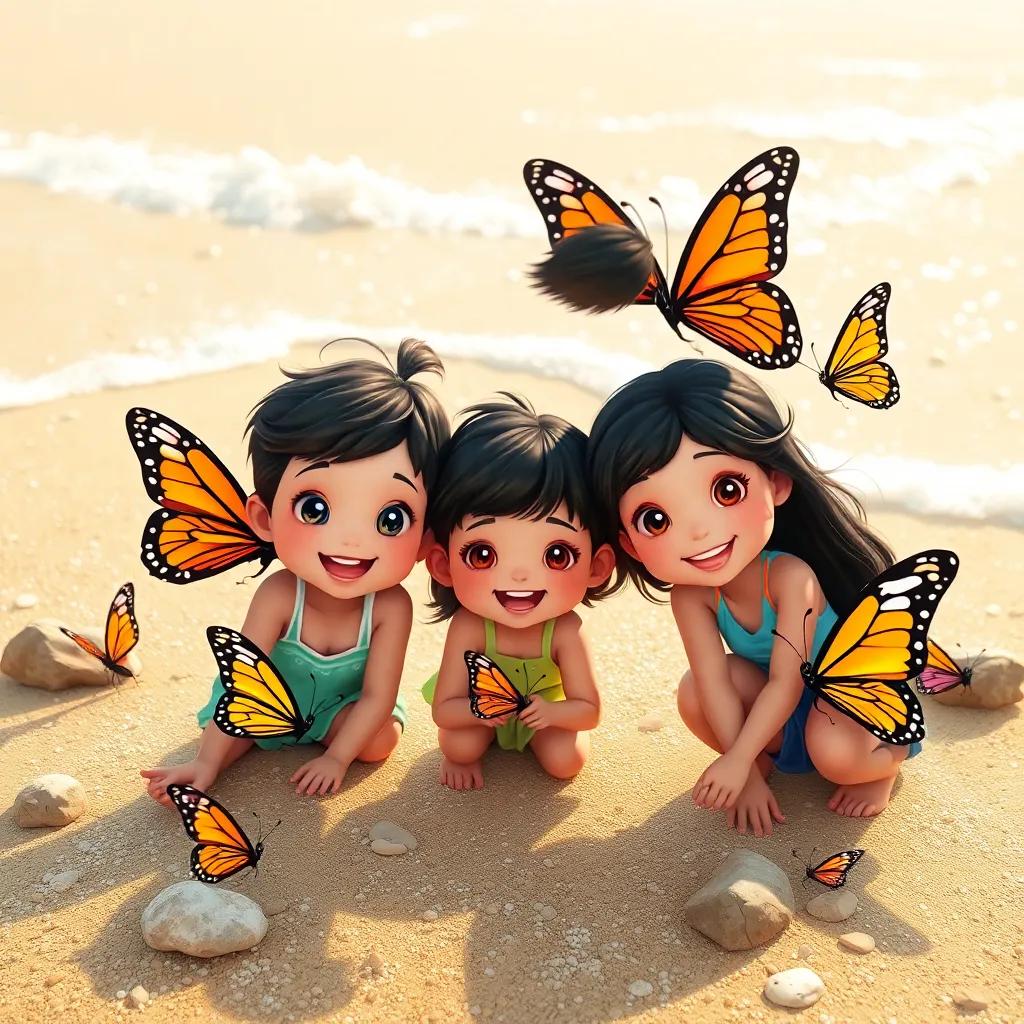 The butterflies play on the beach after it is cleaned, happy faces of the children and butterflies, bright colors and a sparkling clean beach