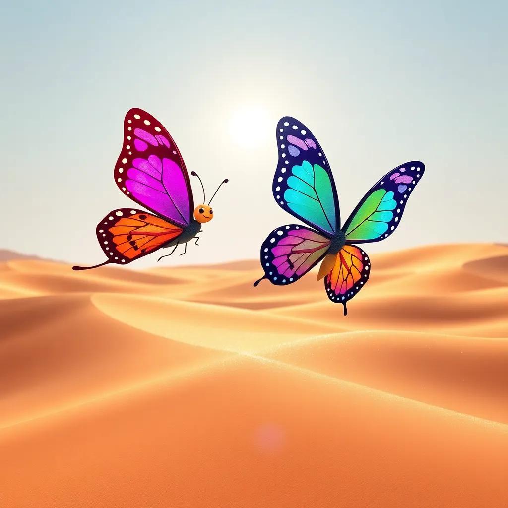Two joyful butterflies, Marah and Farah, flying over sparkling sand dunes in the desert, bright sun shining, digital art, vibrant colors, cheerful atmosphere, high quality