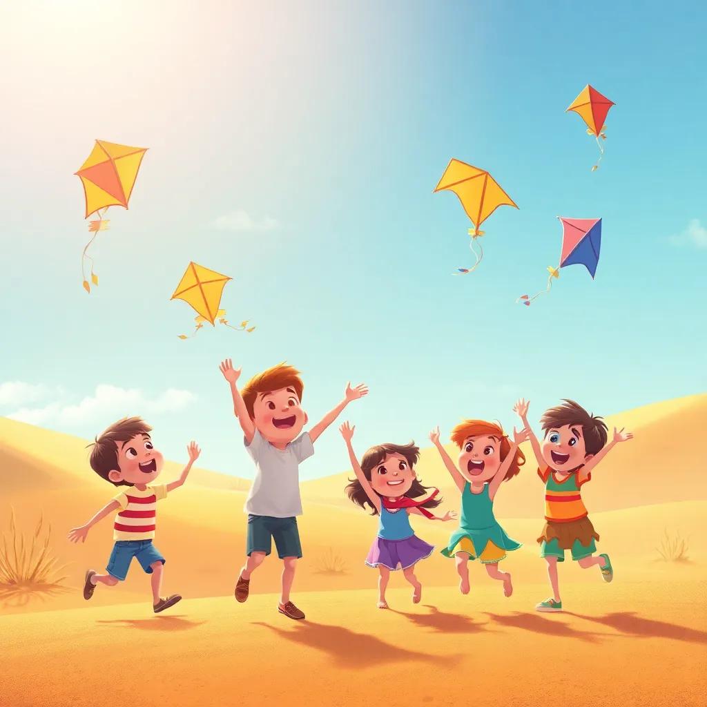 Children playing and laughing in the desert, flying colorful kites in the sky, warm sunlight illuminating the sandy ground, illustration, joyful, child-friendly, vivid imagery