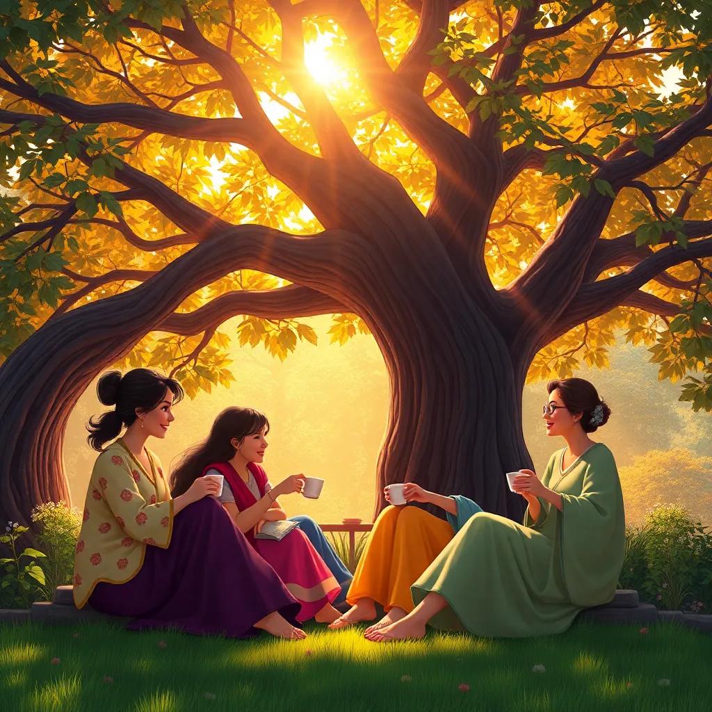 Women sitting under a large tree enjoying tea, sharing laughter and stories, surrounded by warm sunlight filtering through leaves, colorful, serene atmosphere, heartwarming scene