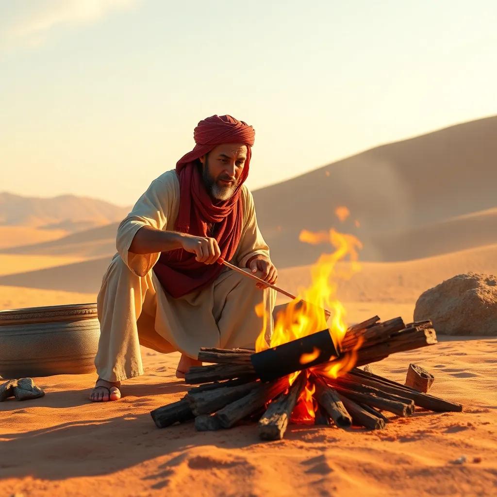 Men cooking on an open flame in the desert, delicious aroma wafting through the air, traditional clothing, warm sunlight, engaging, inviting ambiance