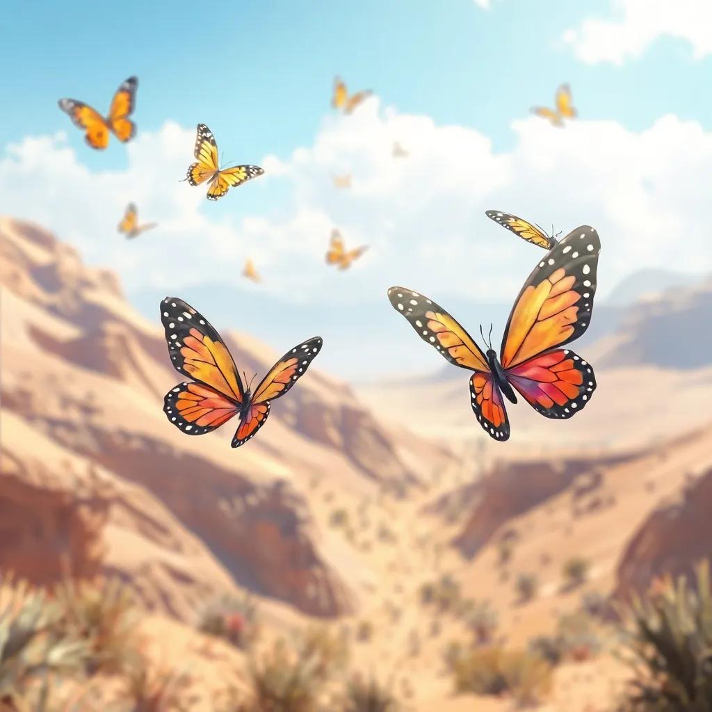 A gentle breeze blowing through the desert, butterflies feeling liberated with their colorful wings, cheerful and uplifting atmosphere, magical view, detailed