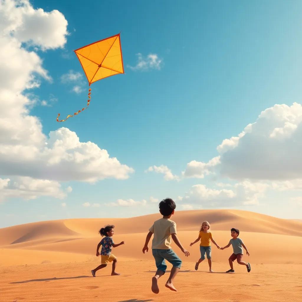 A beautiful kite soaring above children playing in the desert, vivid blue sky with some clouds, capturing the essence of joy and freedom, artistic style, dreamlike