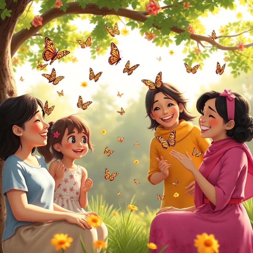 Butterflies flying around kids and women, celebrating under the shade of the tree, exchanging laughter in the festive atmosphere, heartwarming, lively