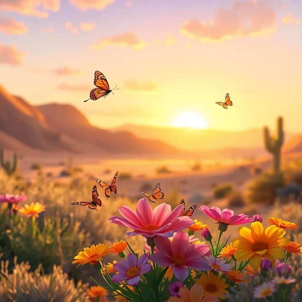 A serene desert sunset, with joyful activities from the day, butterflies landing on colorful flowers, soft golden light enveloping the scene, magical and peaceful