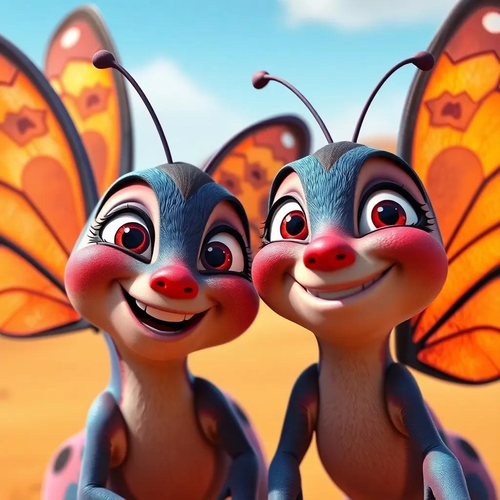 Close-up of the butterflies, Marah and Farah, smiling and enjoying the moment, playful expressions, surrounded by vivid colors of the desert, enchanting atmosphere, delightful imagery