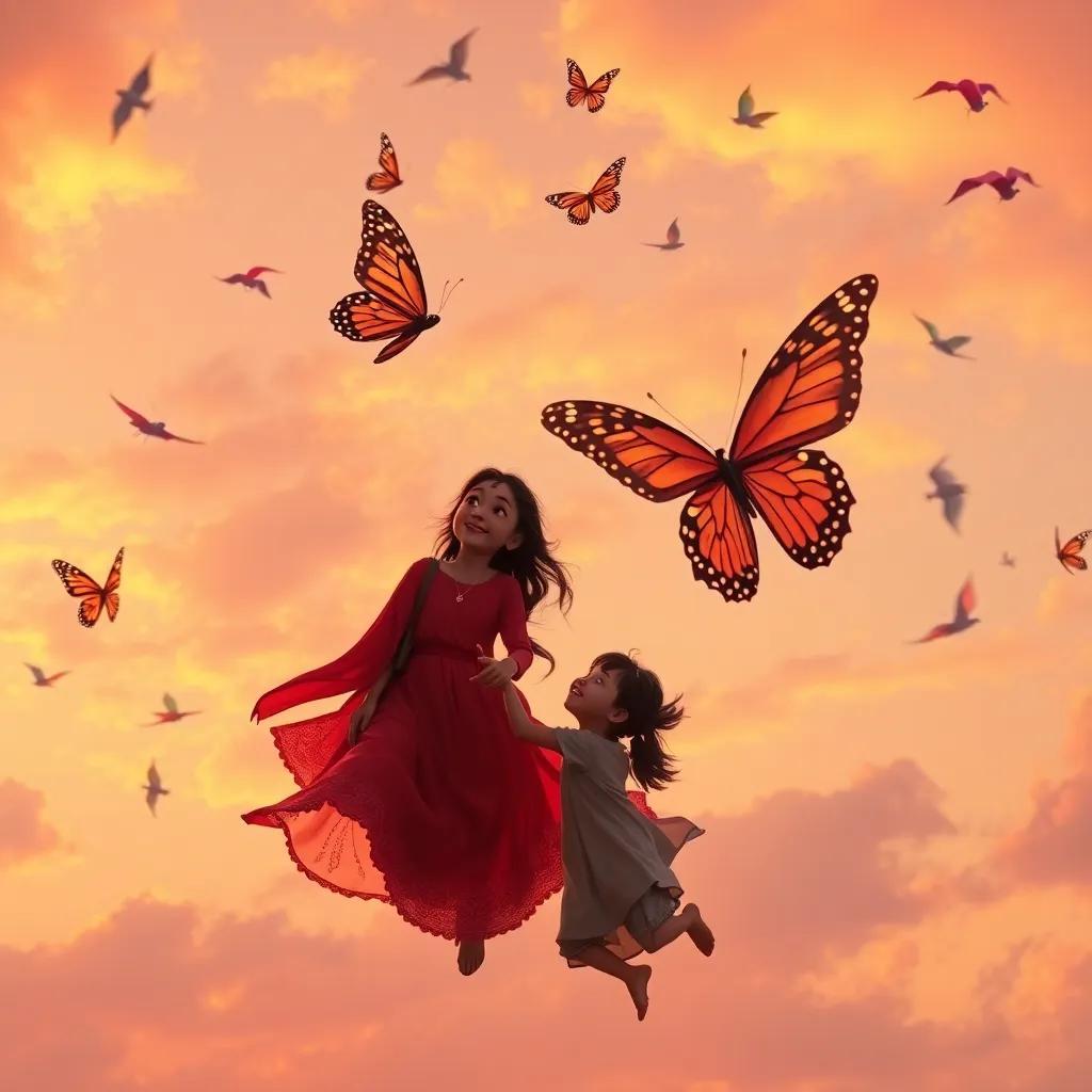 Frolicking butterflies, Marah and Farah, flying higher with children, kites dancing around them in the vibrant sunset sky, truly magical, blissful moment