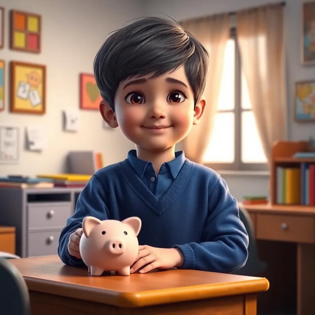 A young boy, Farhan, with short dark hair and bright eyes, wearing a blue school uniform, standing by his desk in his bedroom with a piggy bank, cheerful surroundings, digital art, warm colors, inviting atmosphere, high quality
