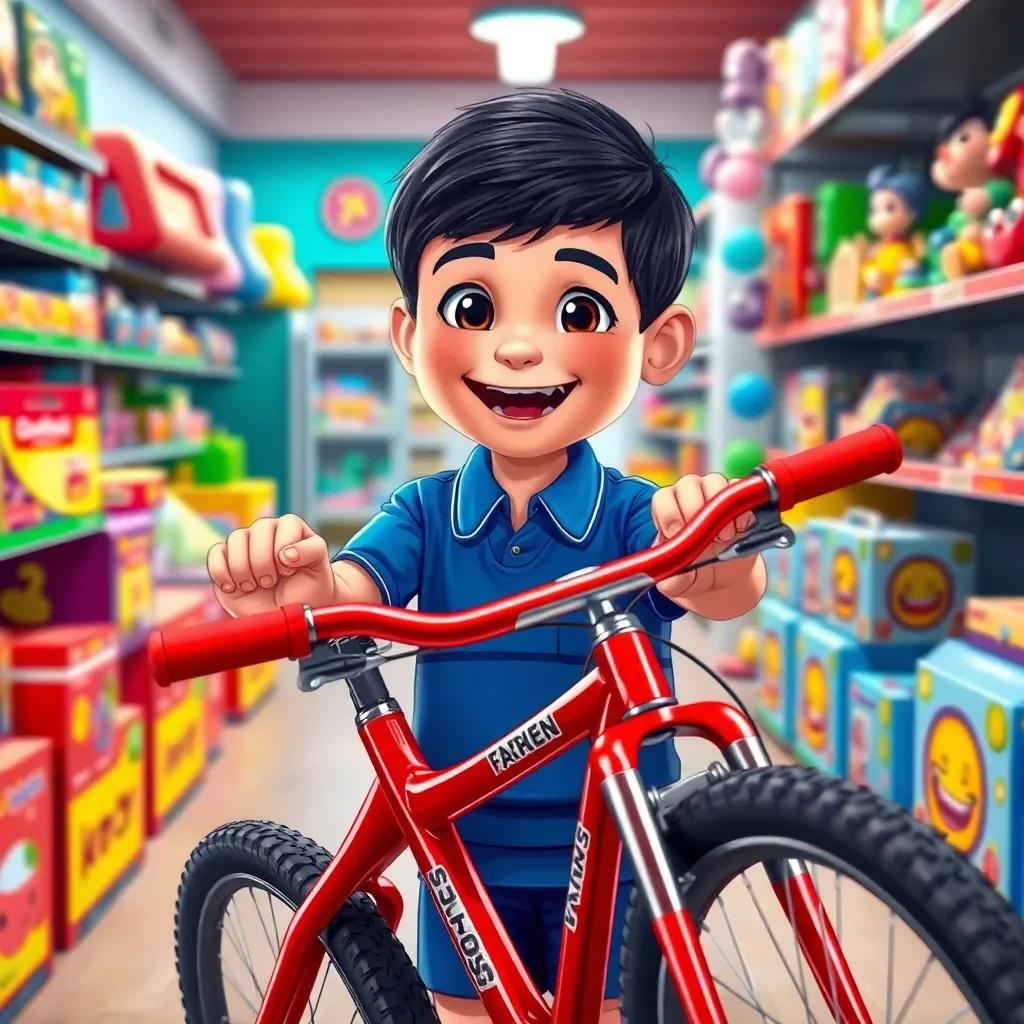 Farhan, a smart boy with short dark hair in a blue school uniform, joyfully holding a shiny red bicycle in a store, surrounded by colorful toys and games, illustration, vibrant, happy, child-friendly