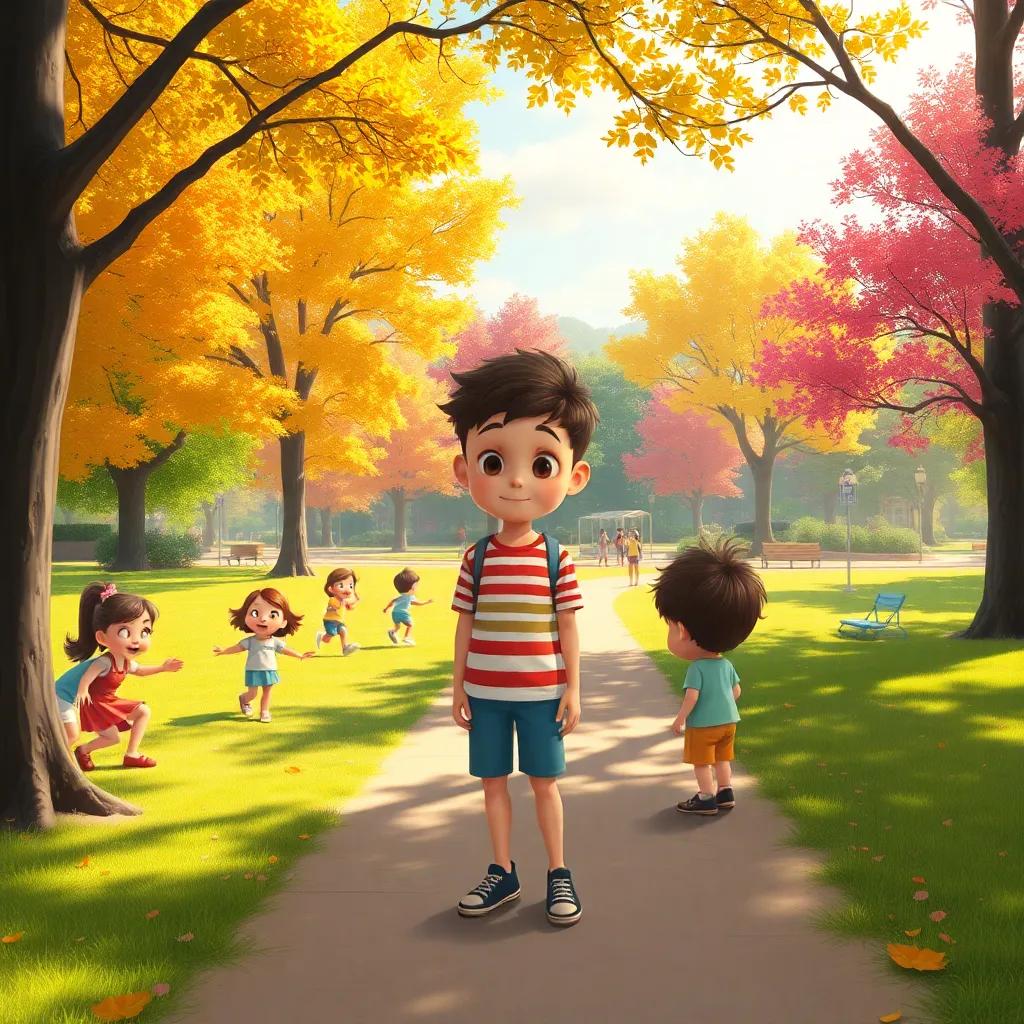 A sunny park with children playing joyfully, a boy sitting alone looking sad, colorful trees in the background, cheerful atmosphere, digital art, playful vibes, high quality