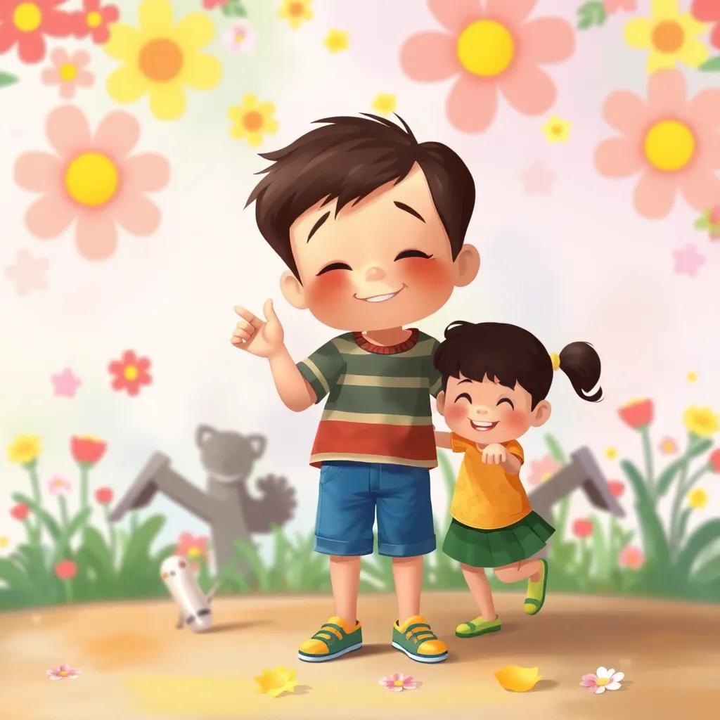Children dancing around a sad boy, colorful background with flowers, happy expressions, joyful scene, vibrant colors, digital illustration, children cheering, high quality