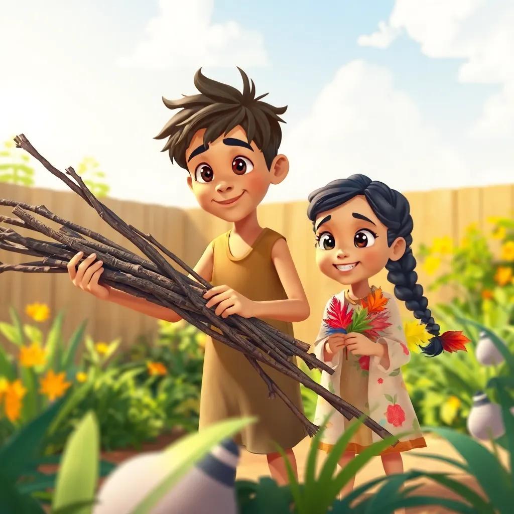 Omar, a young Arab boy with messy hair and bright eyes, collecting thick branches on a sunny day in a small garden, while Laila, a young Arab girl with black braids and a shy smile, stands nearby holding colorful leaves, excitement and creativity in the air, warm light, delightful setting, lively illustration