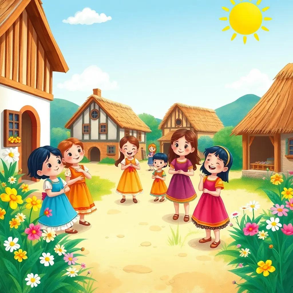 A joyful village scene in a sunny day with children wearing colorful traditional clothes preparing for a celebration, bright flowers around, lively atmosphere