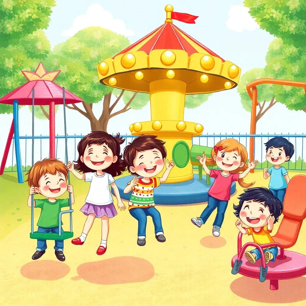 A vibrant playground filled with colorful swings and merry-go-rounds, children laughing and playing, cheerful expressions on their faces, bright colors
