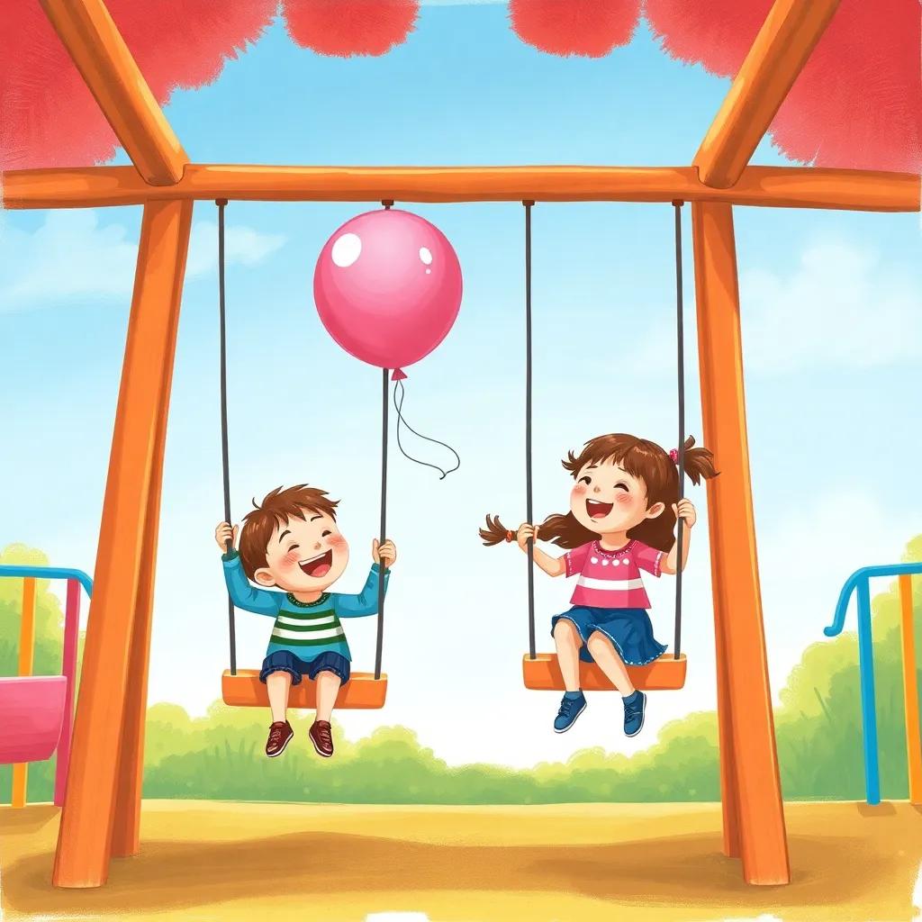 Children playing on swings, a pink balloon floating away in the blue sky, a sense of joy and excitement in the air, colorful playground equipment around them