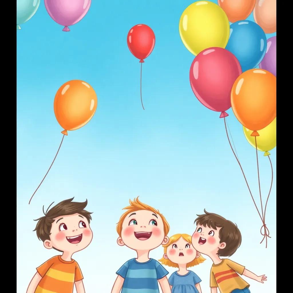 Colorful balloons in various hues drifting up into a blue sky, children looking up in wonder, cheerful expressions, playful scene