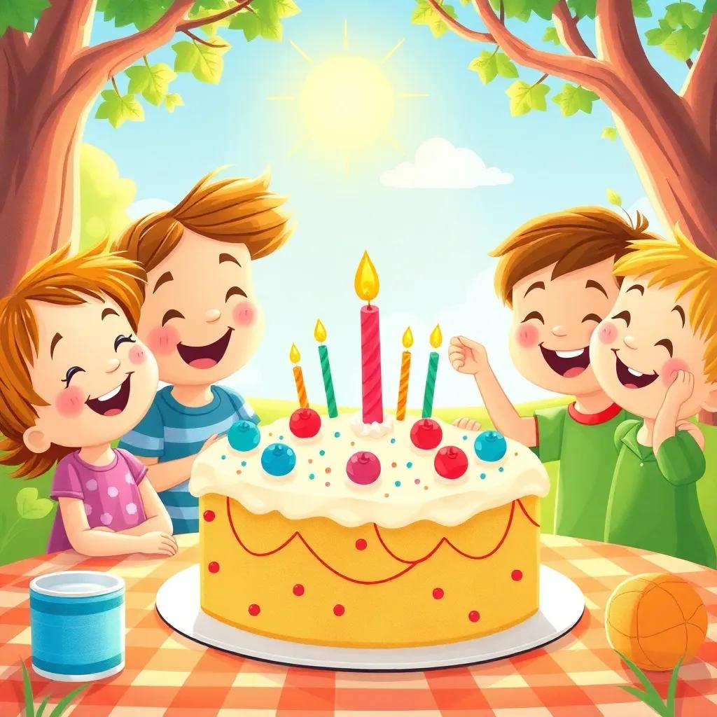 Children enjoying a large festive cake decorated beautifully, smiles all around, warm sun shining down on an outdoor picnic setting, bright colors and joyful ambiance