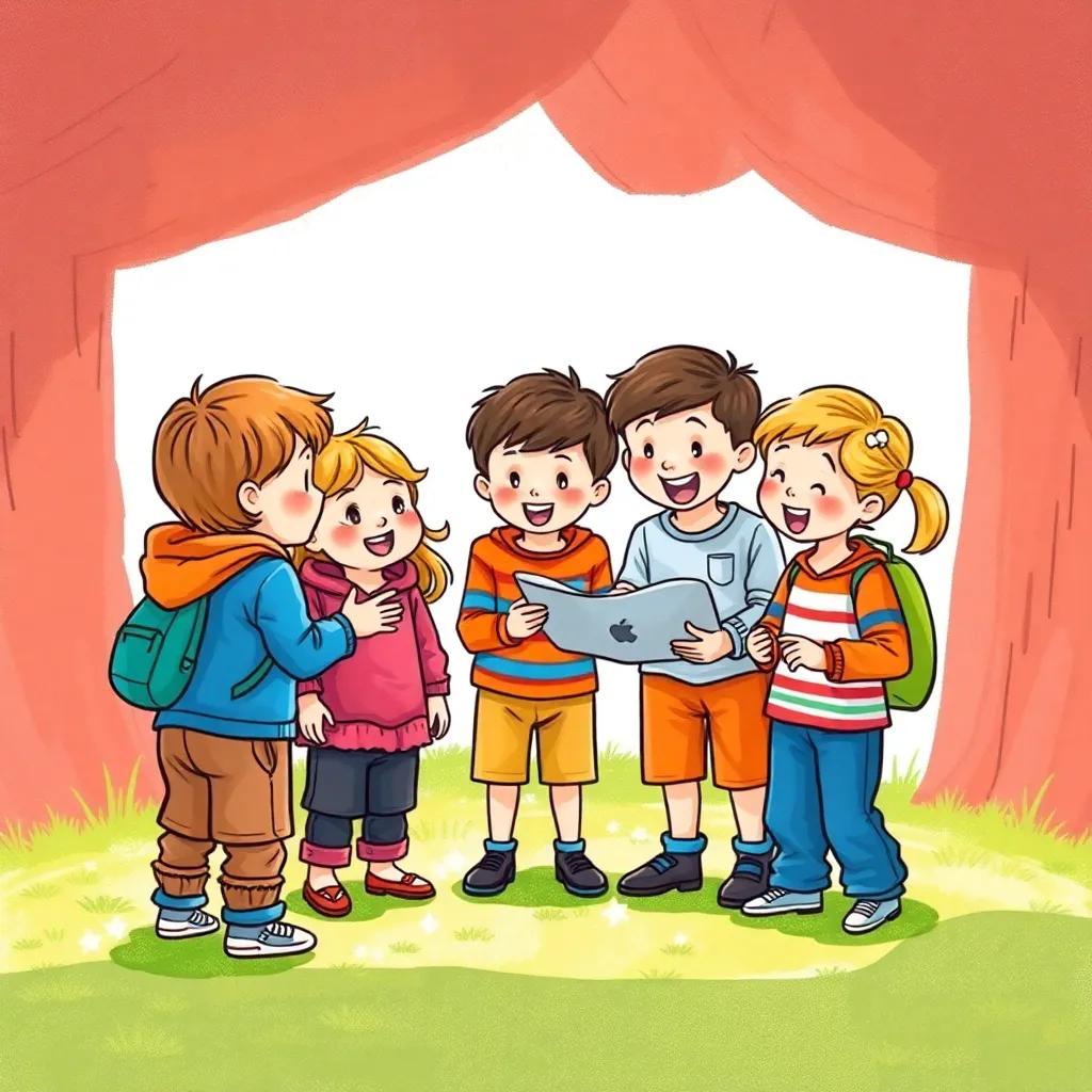 Children gathered together, planning a new game, excited conversation, cheerful rustling of their clothes in a vibrant setting, sense of friendship and playfulness