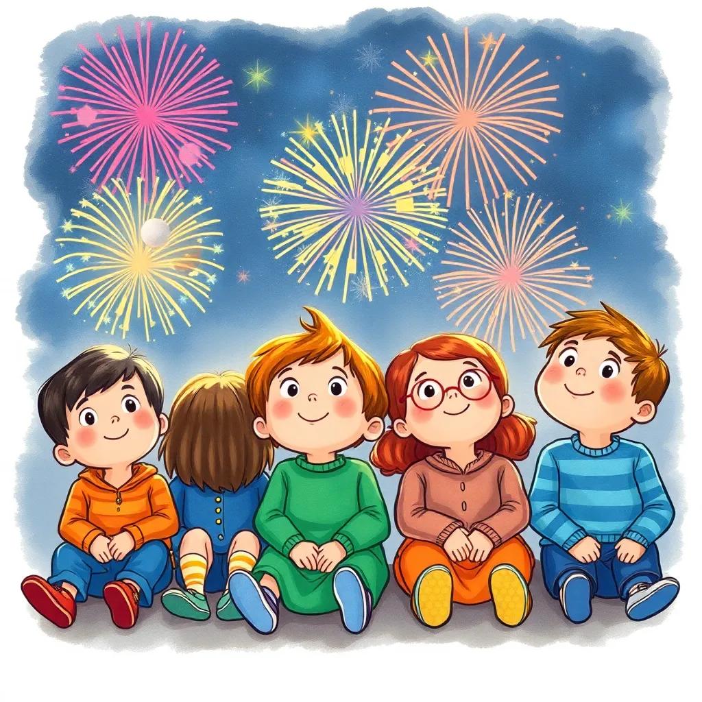 Children sitting in anticipation, looking up as colorful fireworks burst in the night sky, wide eyes and smiles, festive atmosphere