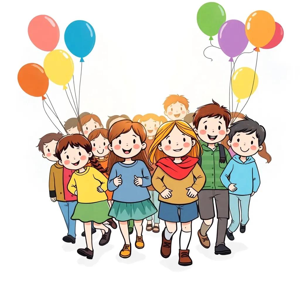 A large gathering of children with warm smiles going home together after a day of fun, balloons still in the air, a sense of satisfaction and joy in their eyes
